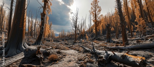 Burnt forest with severely damaged trees. photo