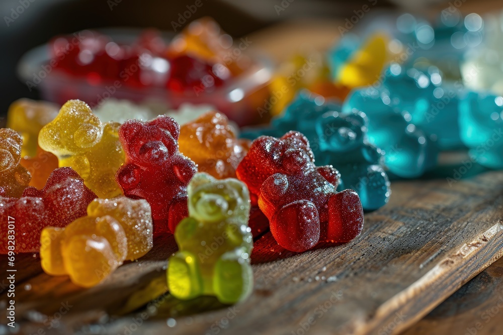 Delicious Gummy Bears Arranged on a Rustic Wooden Table Delicious Gummy Bears Arranged on a Rustic Wooden Table
