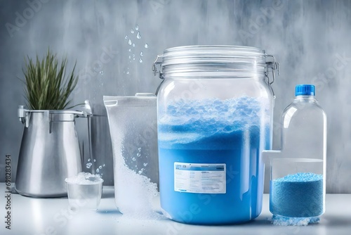 Container with water softener salt with a scoop photo