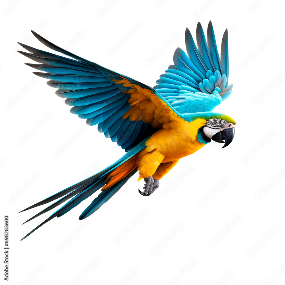 Macaw parrot are flying isolated on transparent background. AI generated. PNG