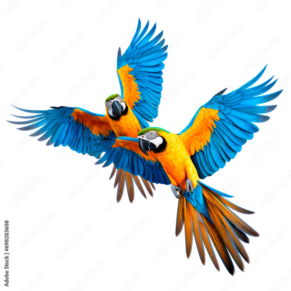 Macaw parrot are flying isolated on transparent background. AI generated. PNG