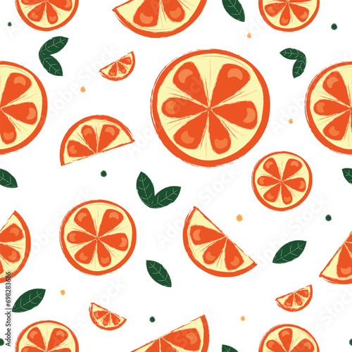 Seamless vector pattern with oranges and green leaves.White Background.