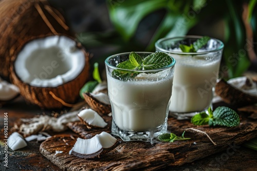 Two Refreshing Glasses of Coconut Milk Served in a Coconut Shell