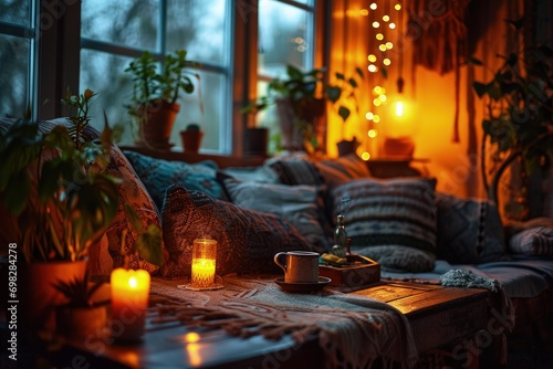 A Cozy Living Room with Stylish Furniture and Warm Candlelight