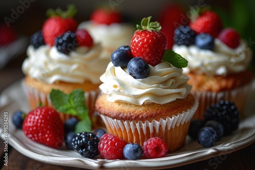 Delicious Cupcakes with Whipped Cream and Berries