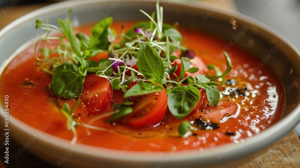 A Bowl of Tomato Soup on a Wooden Table A Bowl of Tomato Soup on a Wooden Table