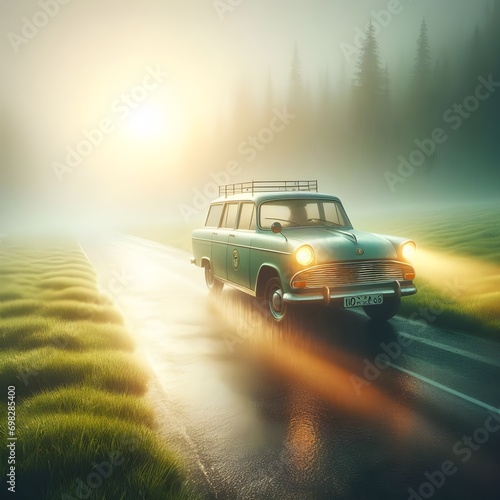 Classic old car driving through mist and sunset on a wet highway. A rainy day filled with memories. 