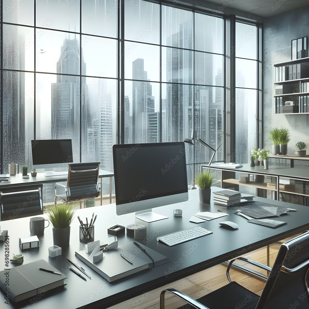 Modern office desk with rainy windows, and beautiful interior amidst high buildings. Beautiful view. Modern office desk with rainy windows, and beautiful interior amidst high buildings. Beautiful view.