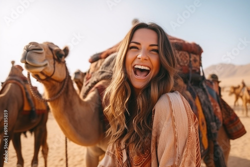 happy smiling young woman with camel in desert  © RJ.RJ. Wave