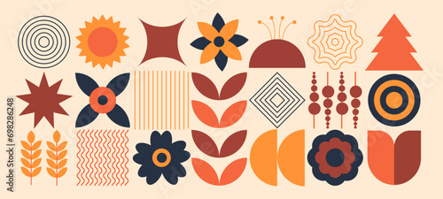 Geometric natural pattern. Abstract flower leaves plant simple shape, folk scandinavian design. Minimal vector banner, eps 10 Bauhaus