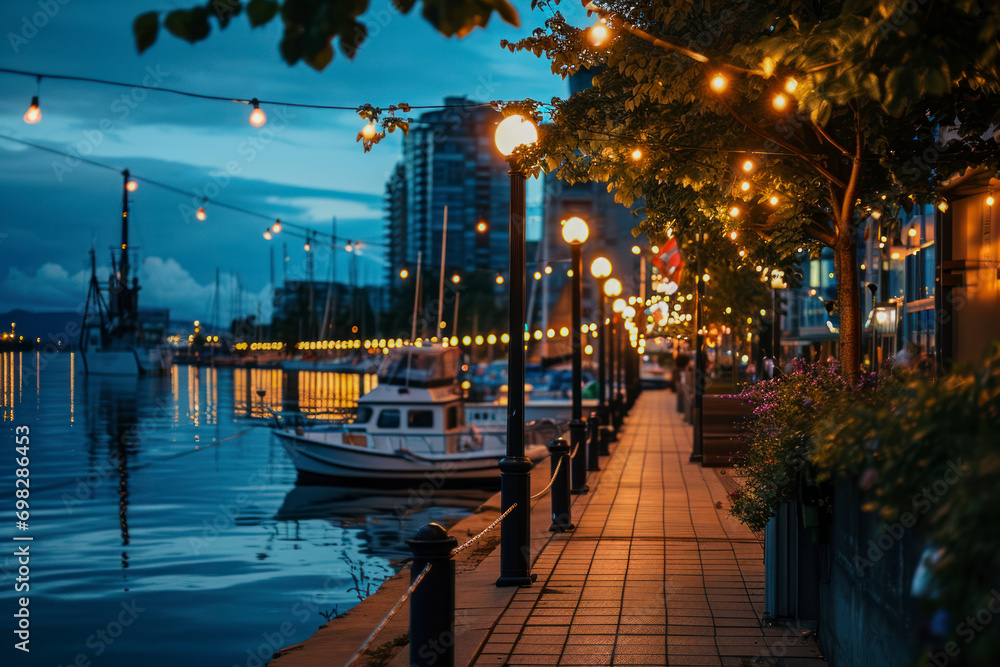 Urban waterfront promenade, a scenic urban landscape with a waterfront promenade, featuring boats and city lights, offering a picturesque setting with copy space for promoting waterfront events.