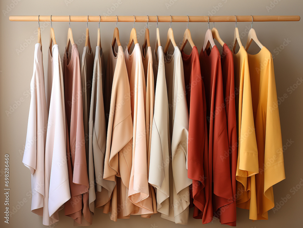 A warm-toned array of draped blouses on wooden hangers, presenting a soft gradient from light to dark.