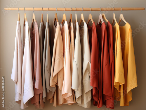A warm-toned array of draped blouses on wooden hangers, presenting a soft gradient from light to dark. © 22Imagesstudio