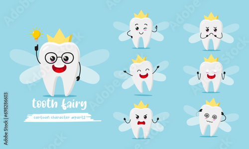 cute tooth fairy cartoon with many expressions. teeth character different activity pose vector illustration flat design set.