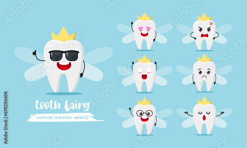 cute tooth fairy cartoon with many expressions. teeth character different activity pose vector illustration flat design set with sunglasses.