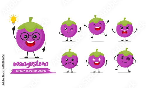 cute mangosteen cartoon with many expressions. fruit character different activity pose vector illustration flat design set.