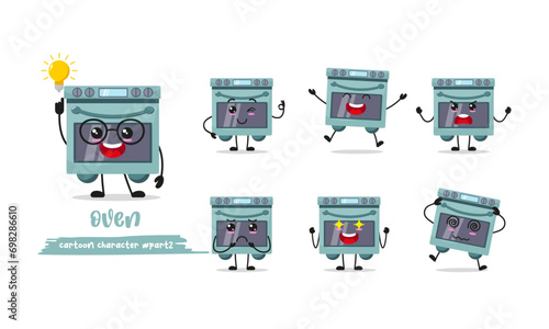 cute oven cartoon with many expressions. home appliance character different activity pose vector illustration flat design set.
