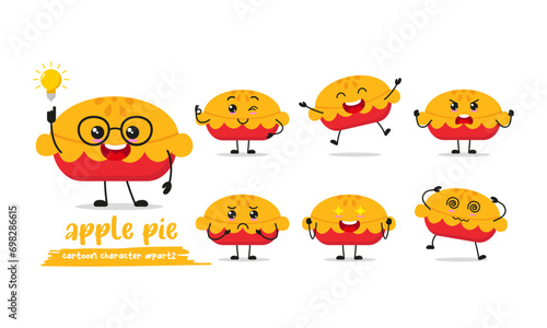 cute apple pie cartoon with many expressions. pastry character different activity pose vector illustration flat design set.