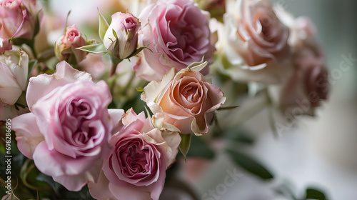 A beautiful bouquet of pink and white roses  both real and artificial  carefully arranged in a garden-inspired floristry design