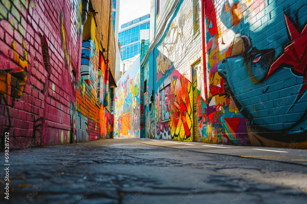 Obraz premium Street art district, an urban landscape featuring vibrant street art murals, creating a colorful and dynamic setting with copy space for creative and artistic promotions.