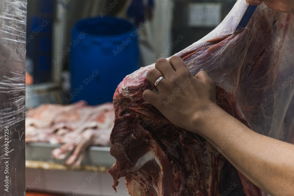 Exotic meat butcher cutting a red deer in a market.