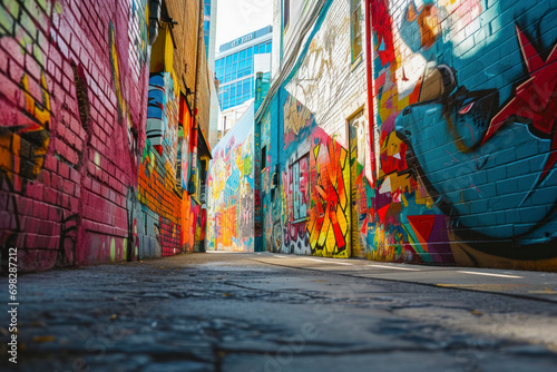 Street art district, an urban landscape featuring vibrant street art murals, creating a colorful and dynamic setting with copy space for creative and artistic promotions. photo