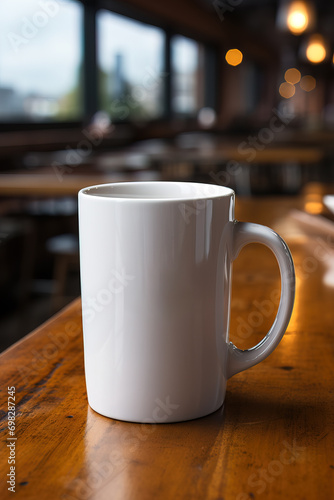 A white coffee cup on a wooden table in a cozy cafe setting with warm bokeh lights in the background.