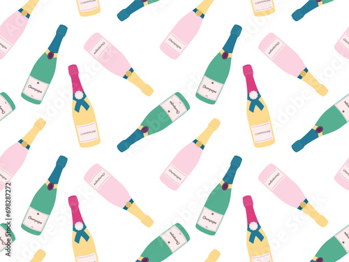 Wine bottles Seamless pattern. Doodle champagne vintage glass bottles vector