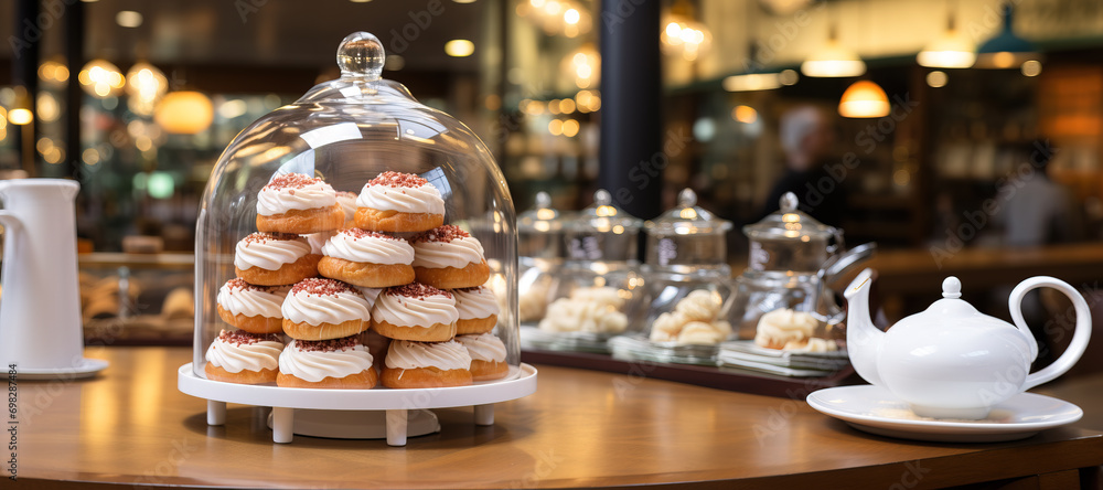 Elegantly arranged croquembouche under a glass dome with whipped cream on a cake stand, in a warm, bokeh-lit cafe setting. Elegantly arranged croquembouche under a glass dome with whipped cream on a cake stand, in a warm, bokeh-lit cafe setting.