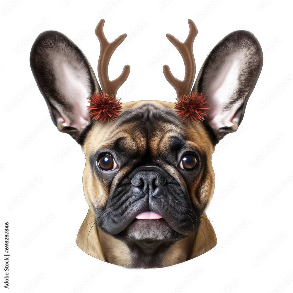 A French Bulldog With a Reindeer Antlers Headband for Halloween Emoji Face Character. Isolated on a Transparent Background. Cutout PNG.