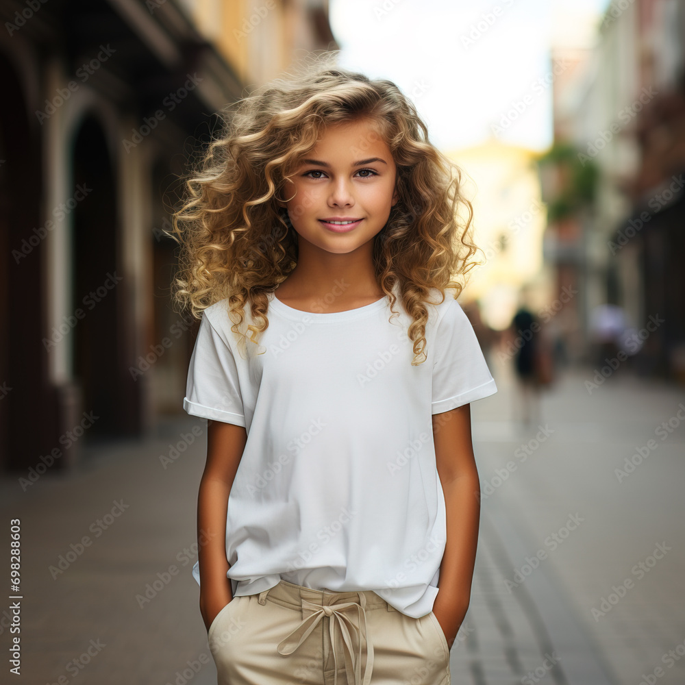 Portrait of a cheerful young girl with curly hair, walking on a city street, wearing a white t-shirt and smiling confidently. Portrait of a cheerful young girl with curly hair, walking on a city street, wearing a white t-shirt and smiling confidently.