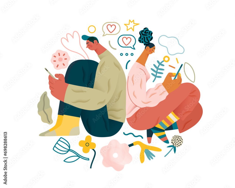 Valentine: Digital Whispers - modern flat vector concept illustration of a couple seated close, messaging each other. Metaphor for the intimacy of modern digital communication Valentine: Digital Whispers - modern flat vector concept illustration of a couple seated close, messaging each other. Metaphor for the intimacy of modern digital communication
