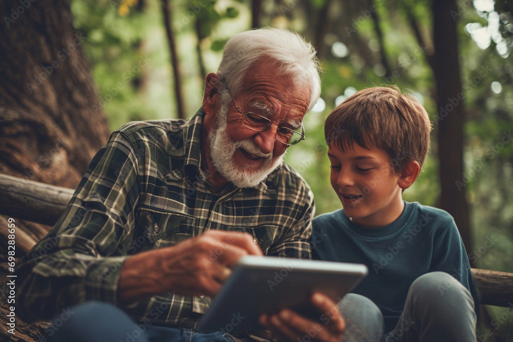 photo of an elderly man and his grandson studying a tablet against the backdrop of the sun, sky and forests photo of an elderly man and his grandson studying a tablet against the backdrop of the sun, sky and forests