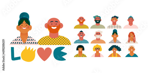 Valentine: Spectrum of Love - modern flat vector concept illustration of a vibrant array of individual portraits celebrating love's diverse expressions. Metaphor for the universal language of love © grivina