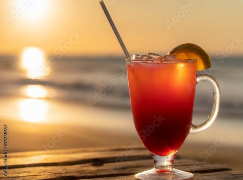 Red cocktail isolated on wooden table, with the beach on the background. Closeup photography.