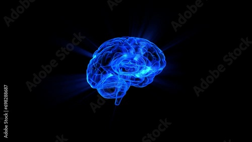 Human brain with neuronal impulses. Blue human brain making light and rotating spining. X-ray The shiny of intelligence, Light ray Blue brain activity. 3D rendering animation background stock video
