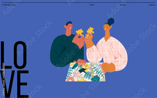 Valentine: Unexpected Match -modern flat vector concept illustration of a couple with duplicate puzzle pieces, a twist in their completion. Metaphor for life's surprising coincidences in relationships
