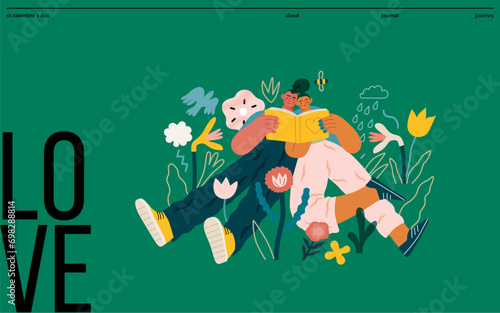 Valentine: Literary Love - modern flat vector concept illustration of a couple enjoying a book together in a serene natural setting. Metaphor for shared interests and intellectual harmony