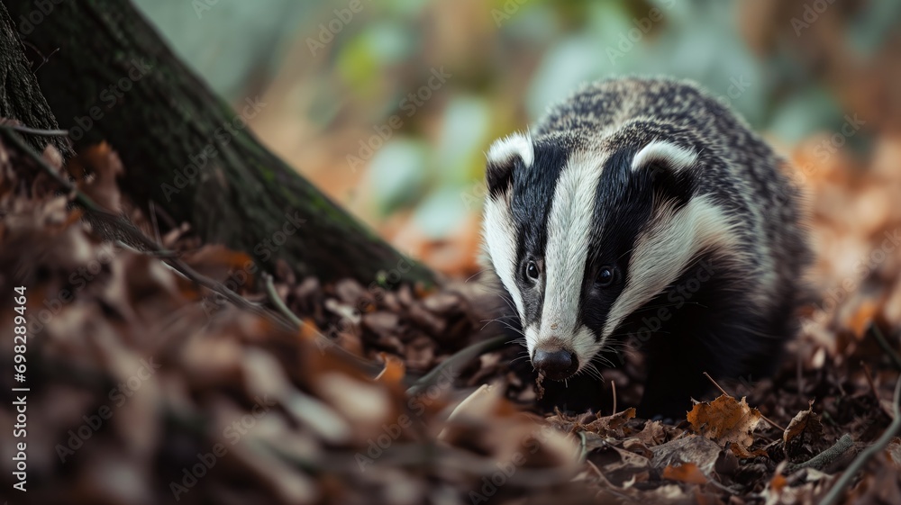 A badger foraging in autumn leaves - obrazy, fototapety, plakaty 
