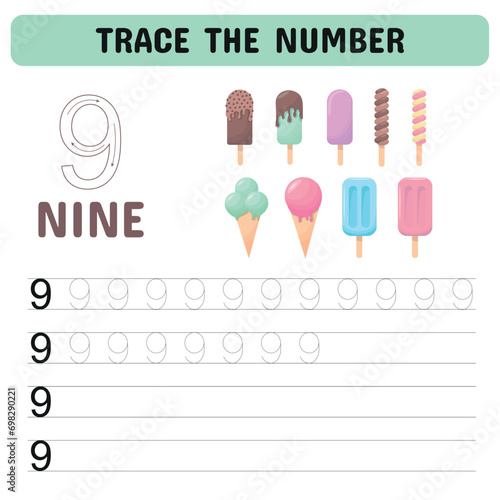 Trace the number . Tracing number worksheet for kindergarten, preschool for learning numbers and handwriting practice activities. Educational children game, printable worksheet. Vector illustration