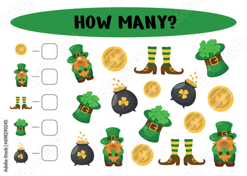 How many? Kids game with st Patrick day vector elements. Development of numeracy skills and attention, cartoon riddle page. Math worksheet for kindergarten, school, preschool children.
