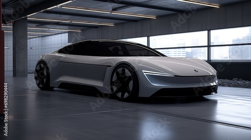 Sleek Electric Car in Futuristic Garage. Generative AI © Ilugram