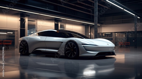 Sleek Electric Car in Futuristic Garage. Generative AI