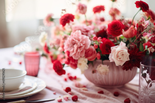 Romantic dinner setup. Table setting with a bouquet of red and pink flowers in a restaurant. Generative AI