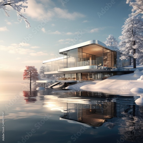 Modern energy saving house in winter near lake © Dejan
