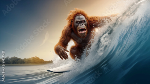fun image of an orangutan riding waves in the tube, North Shore, Oahu, Hawaii photo