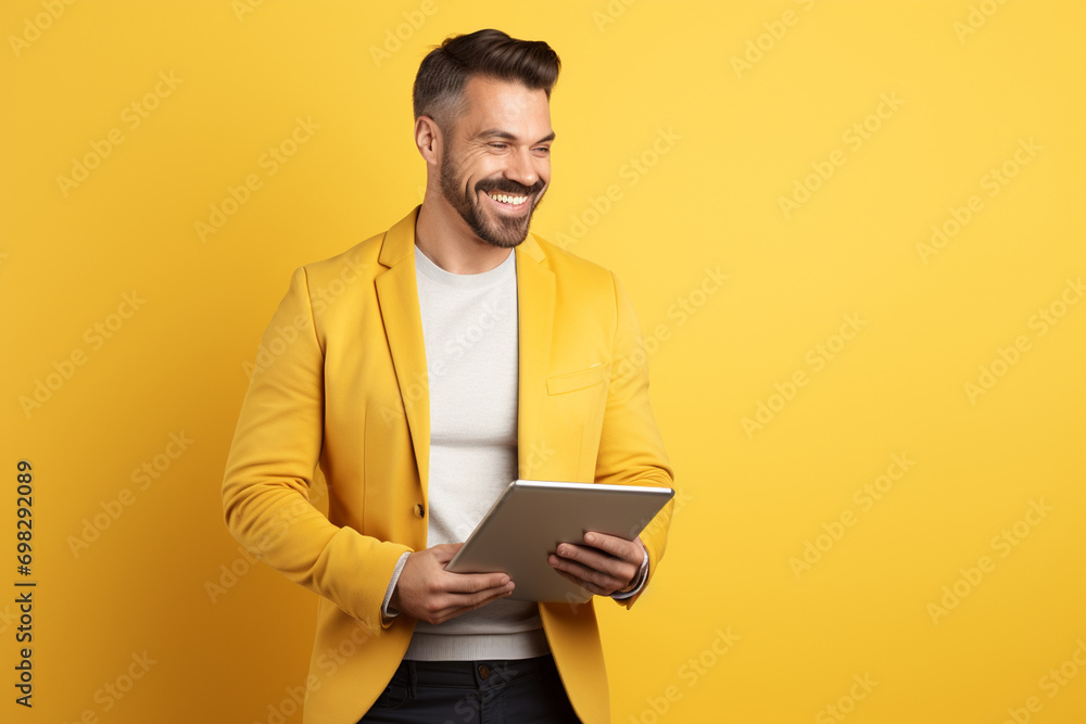 happy smiling handsome man with tablet on bright yellow solid background with copy space happy smiling handsome man with tablet on bright yellow solid background with copy space