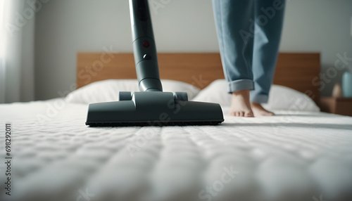 Woman using vacuum cleaner to vacuum mattress in a bedroom created with generative ai