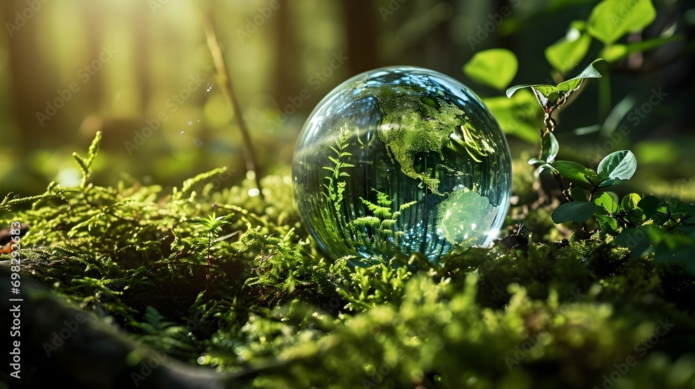 Glass Globe in Forest - Symbol of Environmental Sustainability Glass Globe in Forest - Symbol of Environmental Sustainability