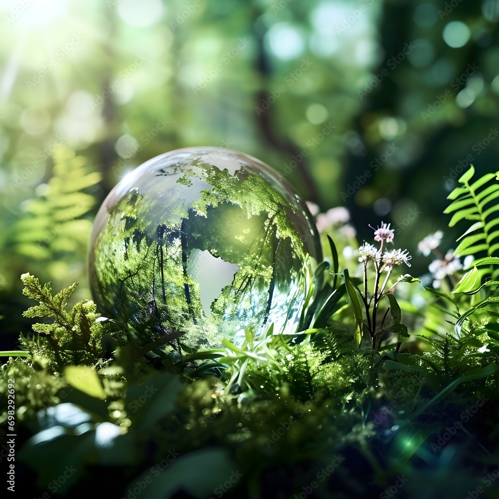 Glass Globe in Forest - Symbol of Environmental Sustainability Glass Globe in Forest - Symbol of Environmental Sustainability